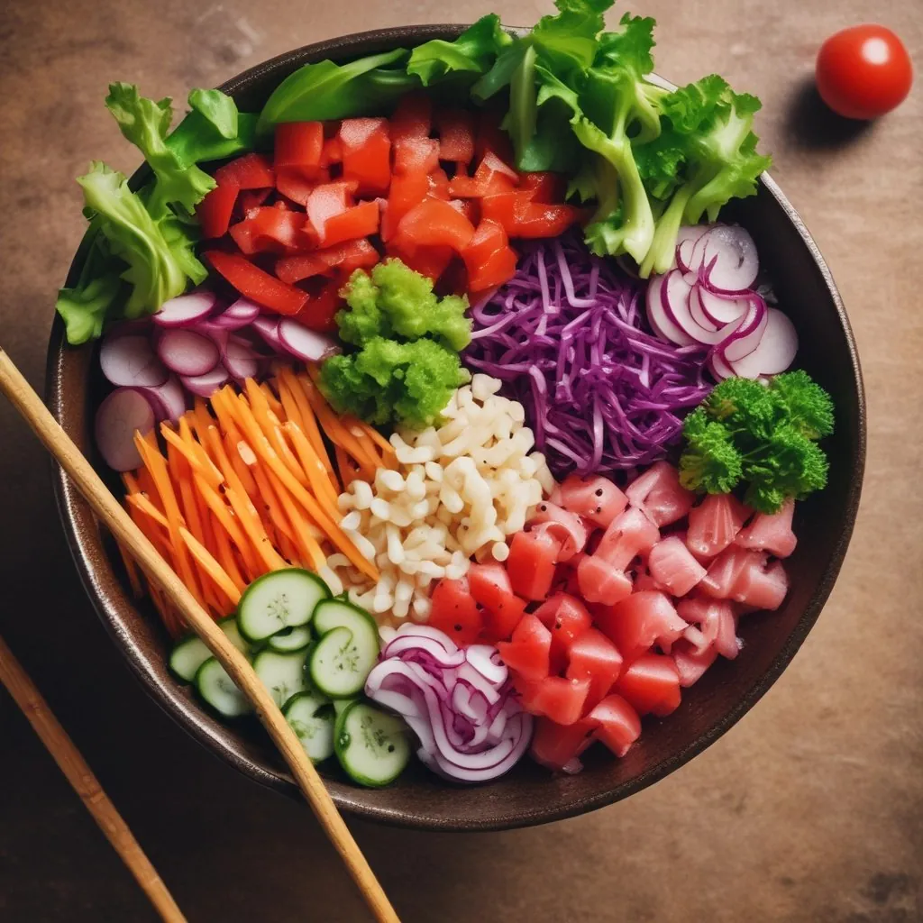 Overhead poke bowl with tuna, carrots, radish and cucumber